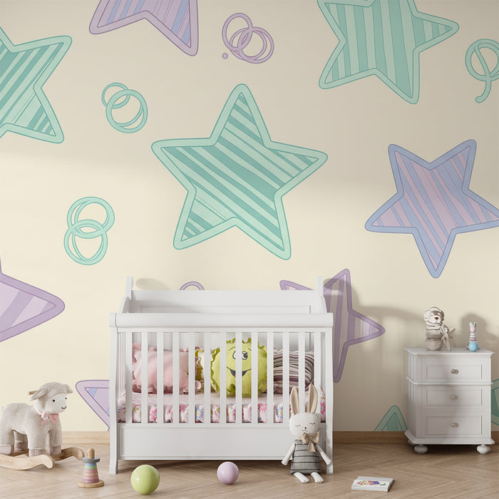 Papel de parede quarto bebê | Estrelas pastel e círculos lúdicos em fundo suave