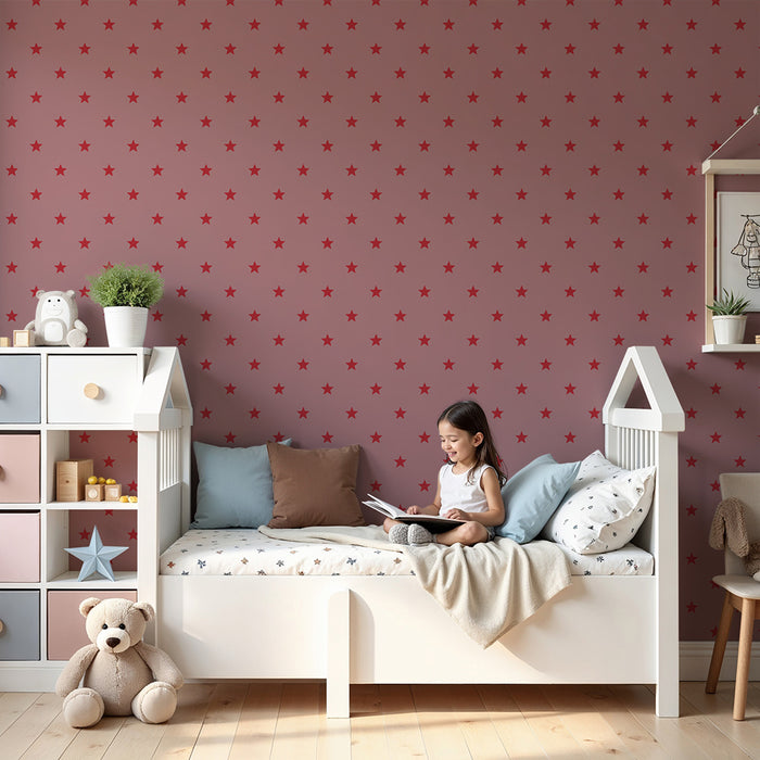 Papel de parede para quarto de bebé | Estrelas vermelhas sobre fundo rosa suave