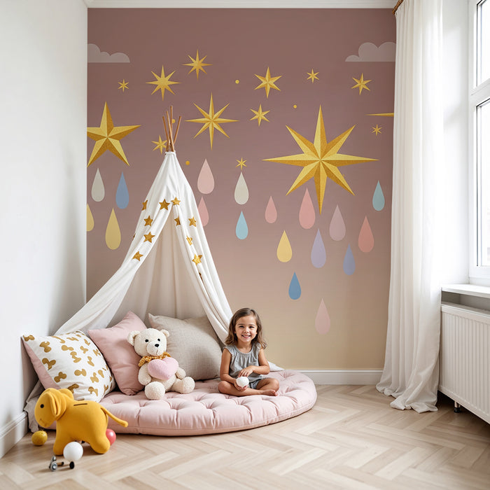 Papel de parede quarto bebê | Estrelas brilhantes e gotas coloridas