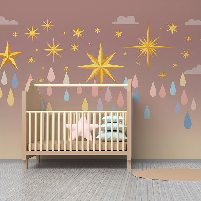 Papel de parede quarto bebê | Estrelas brilhantes e gotas coloridas
