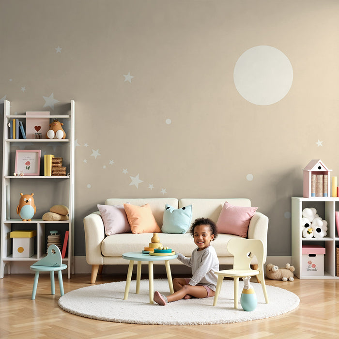 Papel de parede quarto bebê | Estrelas brilhantes e lua suave