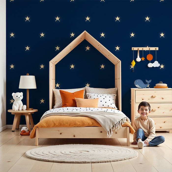 Nursery room wallpaper | Sparkling stars on a midnight blue background