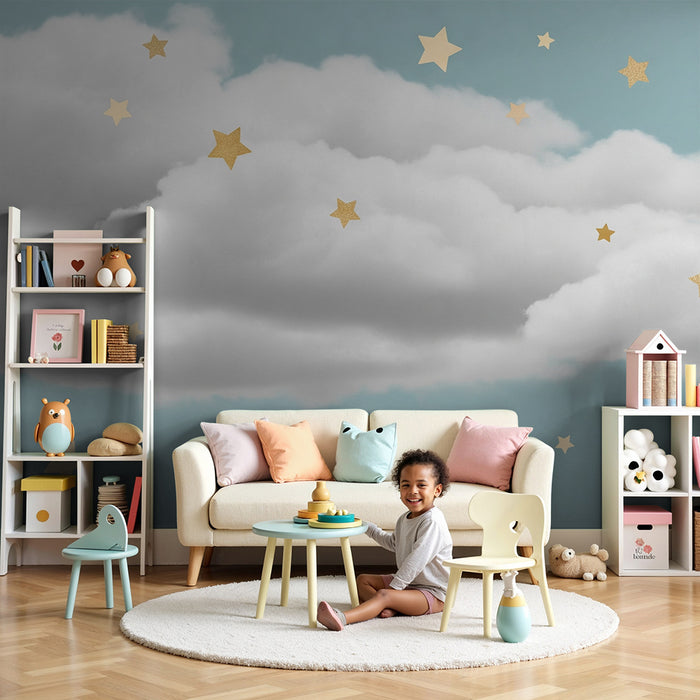 Nursery room wallpaper | Sparkling stars on a cloud background