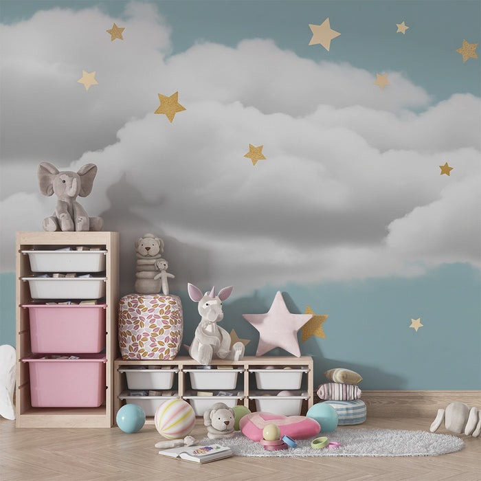 Nursery room wallpaper | Sparkling stars on a cloud background