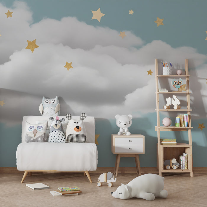 Nursery room wallpaper | Sparkling stars on a cloud background