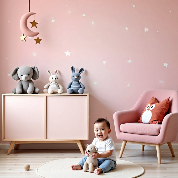 Papel de parede quarto bebê | Brilhantes estrelas em fundo rosa suave