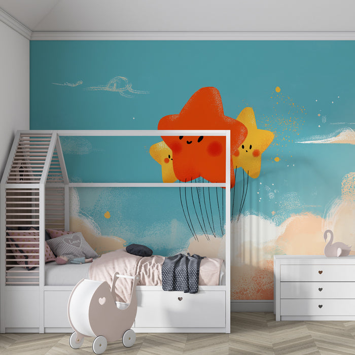 Papier peint chambre bébé | Étoiles souriantes dans les nuages