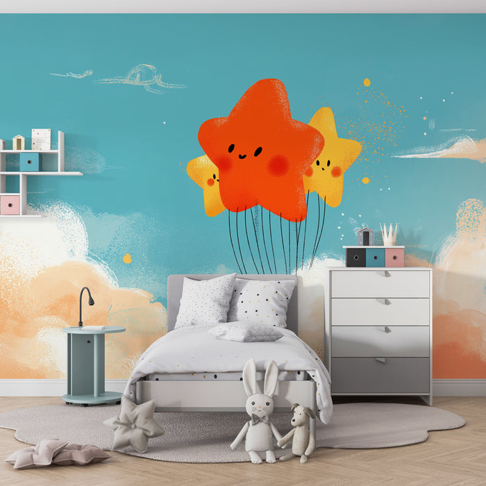 Papier peint chambre bébé | Étoiles souriantes dans les nuages