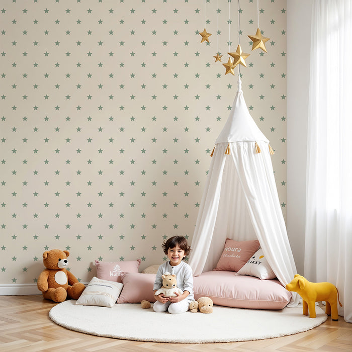 Papel de parede para quarto de bebé | Estrelas verdes sobre fundo creme