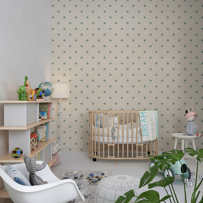 Papel de parede para quarto de bebé | Estrelas verdes sobre fundo creme