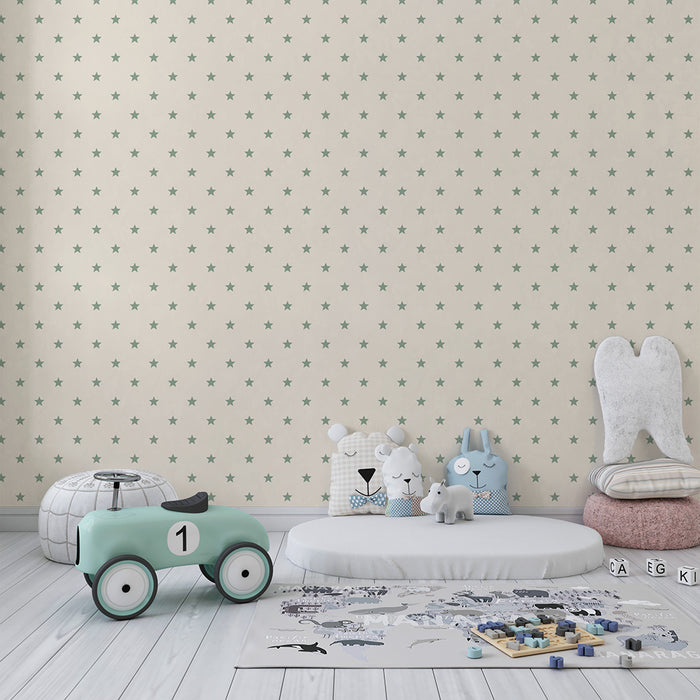 Papel de parede para quarto de bebé | Estrelas verdes sobre fundo creme