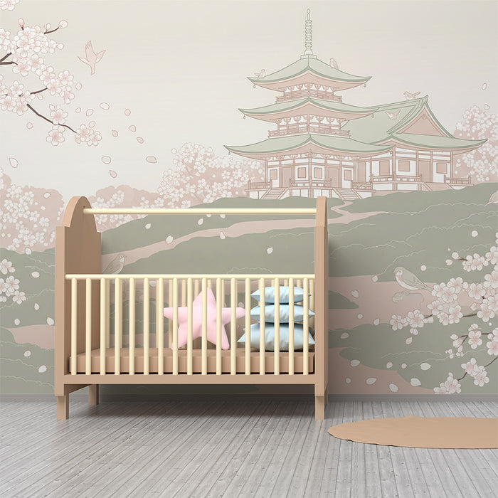 Papel de parede para quarto de bebé | Despertar primaveril com cerejeiras em flor e pagode tranquilo