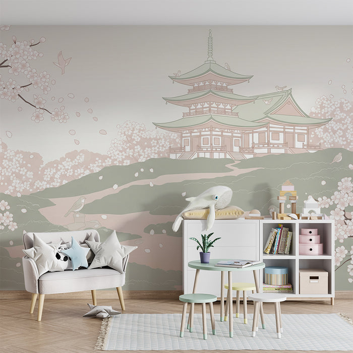 Papel de parede para quarto de bebé | Despertar primaveril com cerejeiras em flor e pagode tranquilo