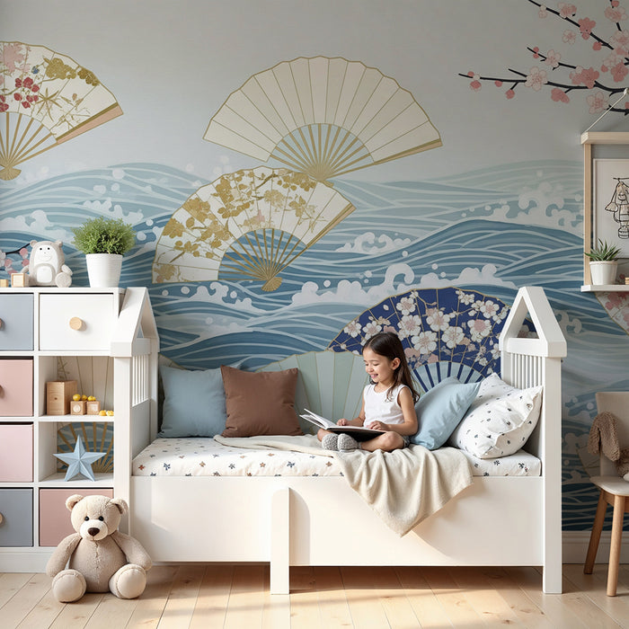 Papier peint chambre bébé | Éventails japonais sur des vagues apaisantes