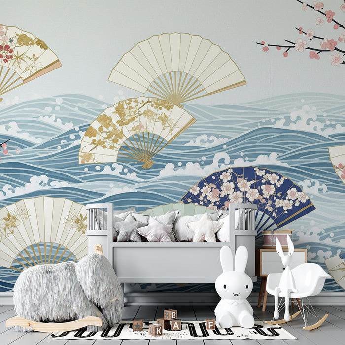 Papier peint chambre bébé | Éventails japonais sur des vagues apaisantes