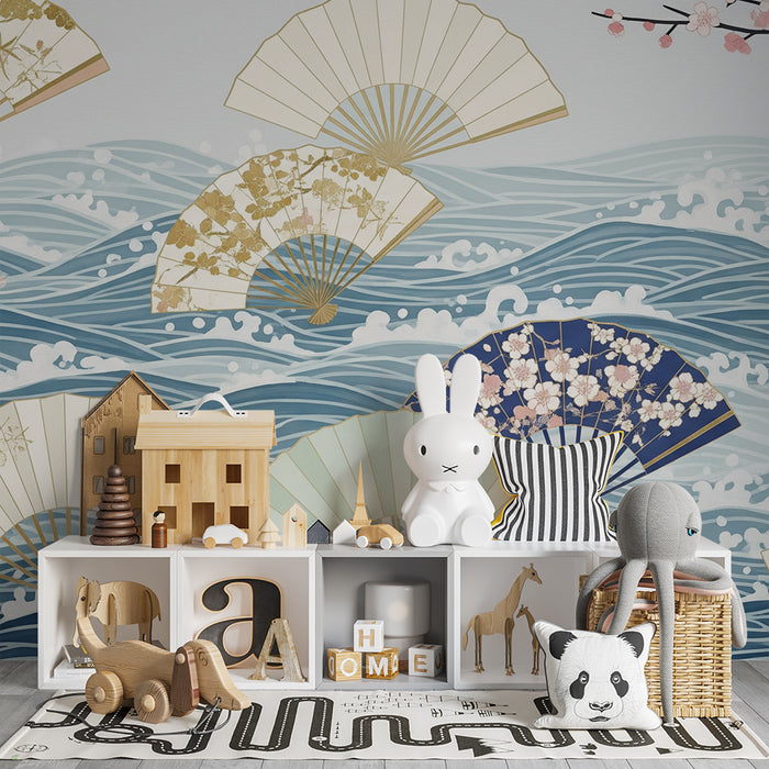 Papier peint chambre bébé | Éventails japonais sur des vagues apaisantes