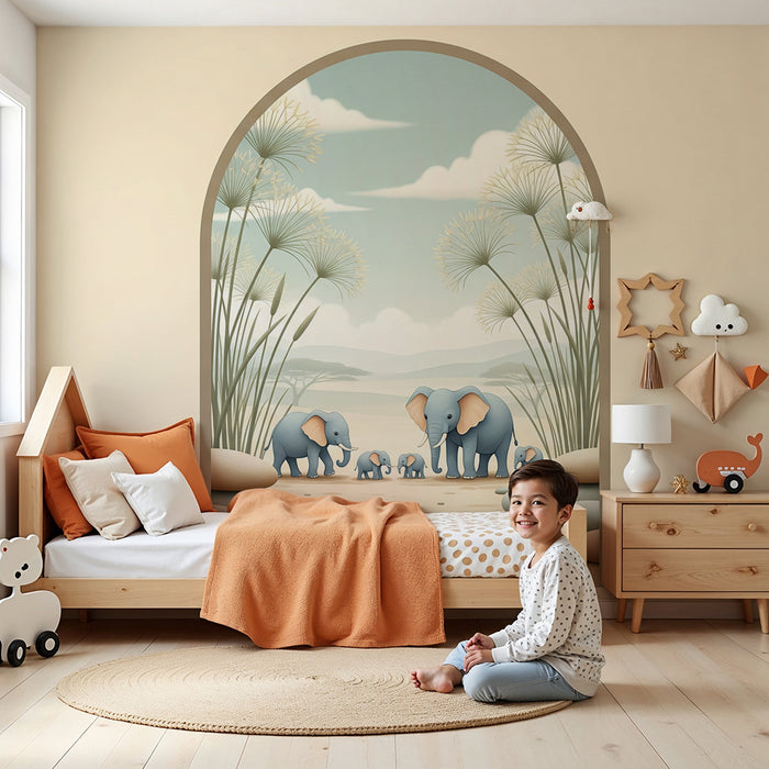 Papier peint chambre bébé | Famille d'éléphants explorant la savane