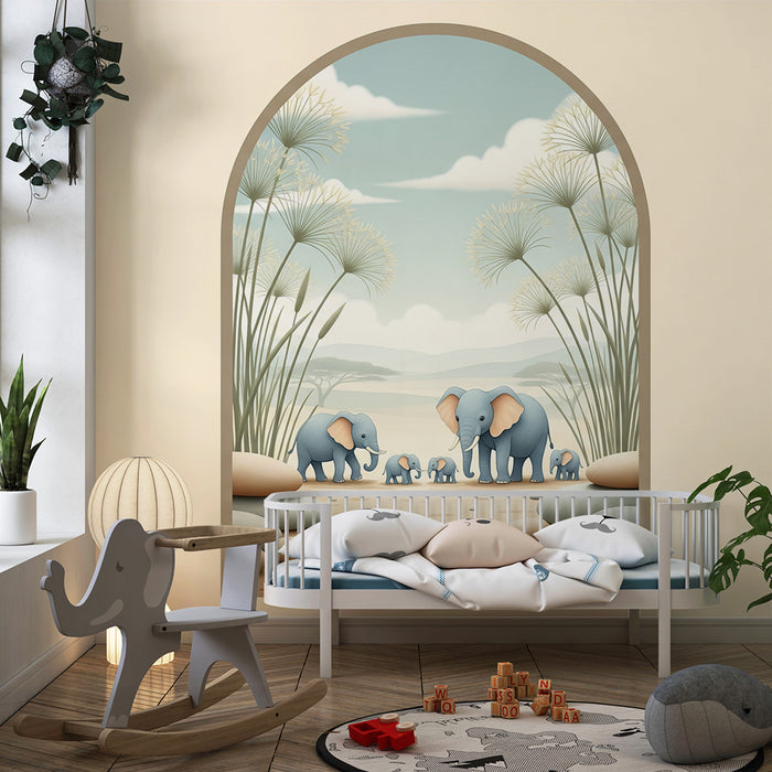 Papier peint chambre bébé | Famille d'éléphants explorant la savane