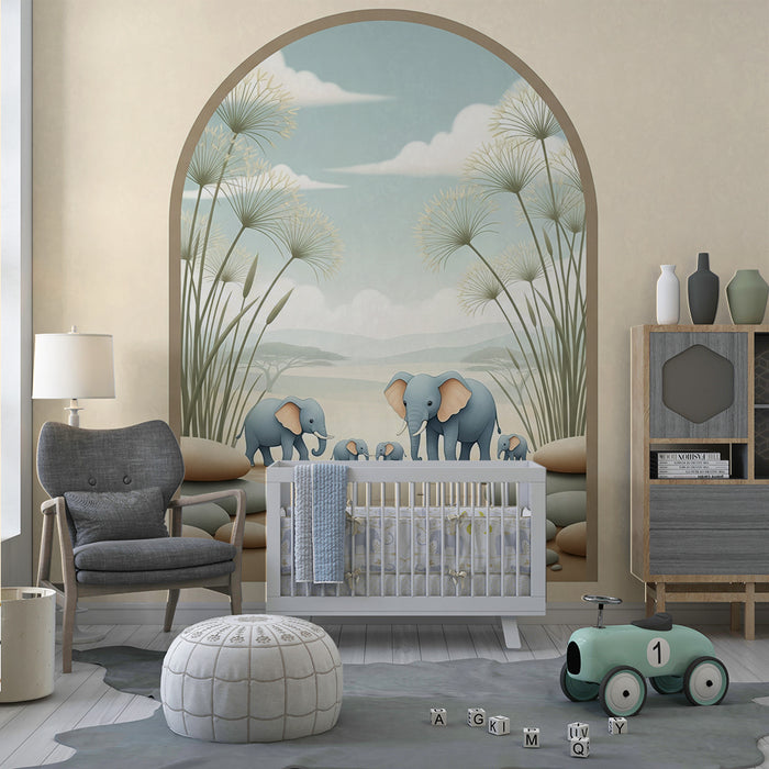 Papier peint chambre bébé | Famille d'éléphants explorant la savane