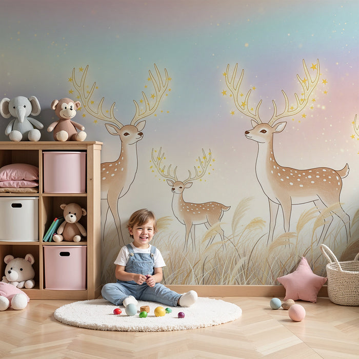Lastenhuoneen tapetti | Peuraperhe satumaisessa maisemassa
