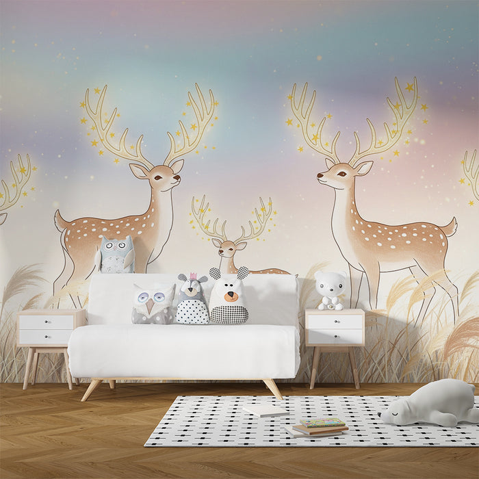 Lastenhuoneen tapetti | Peuraperhe satumaisessa maisemassa