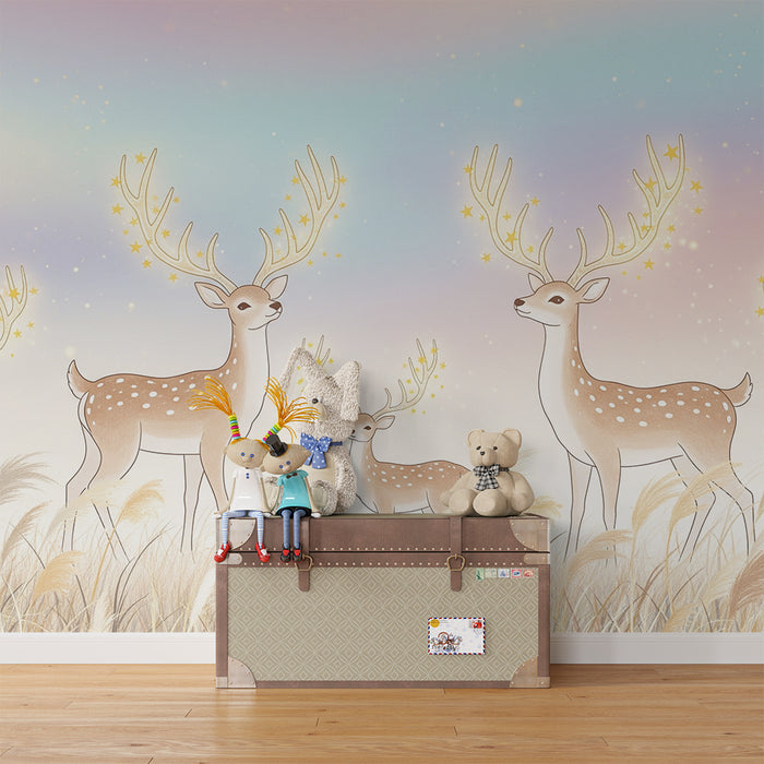 Lastenhuoneen tapetti | Peuraperhe satumaisessa maisemassa