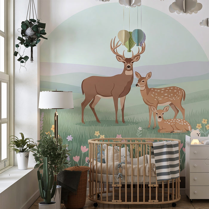 Børneværelse tapet | En familie af hjorte i et beroligende blomsterlandskab