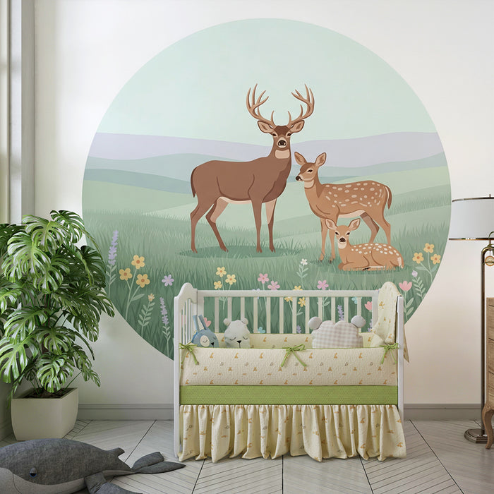 Børneværelse tapet | En familie af hjorte i et beroligende blomsterlandskab