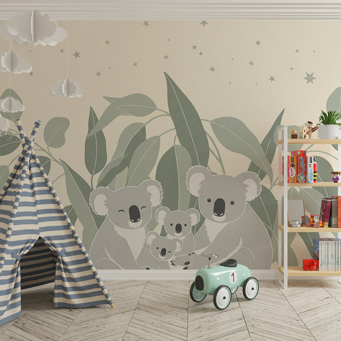 Papier peint chambre bébé | Famille de koalas entourée de feuillage doux