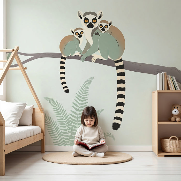 Papier peint chambre bébé | Famille de lémuriens sur une branche avec feuillage délicat
