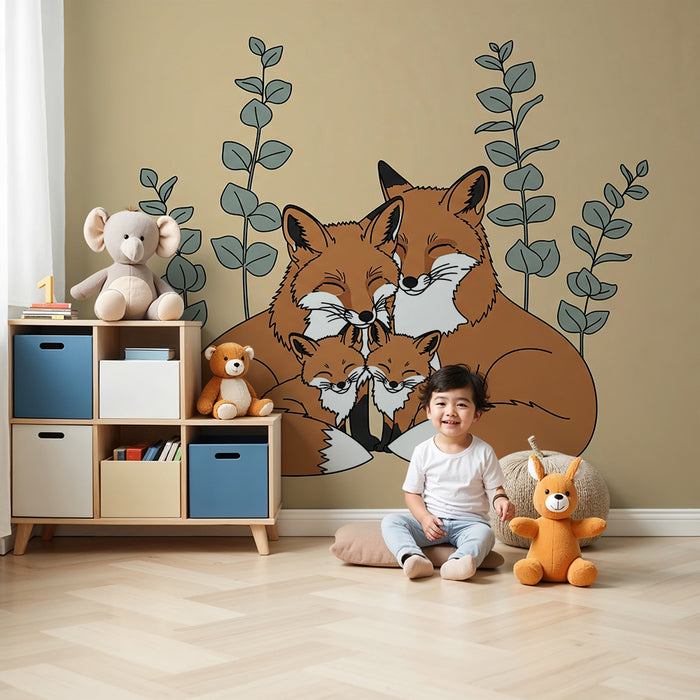 Papier peint chambre bébé | Famille de renards câlins entourée de feuillage
