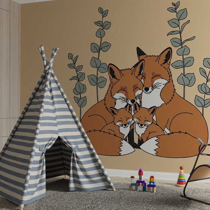 Papier peint chambre bébé | Famille de renards câlins entourée de feuillage