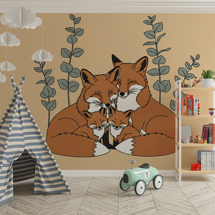 Papier peint chambre bébé | Famille de renards câlins entourée de feuillage