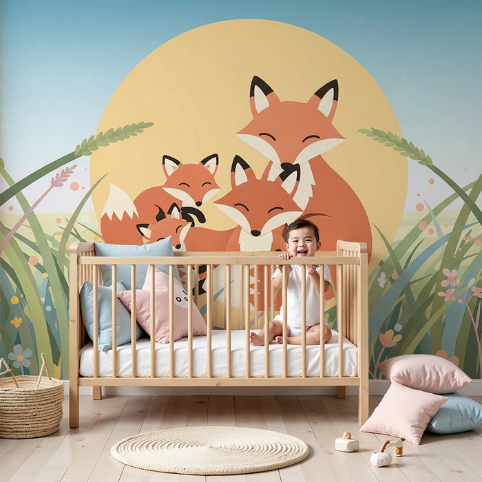 Papel de parede quarto bebê | Družina lisic v cvetočem polju pod soncem