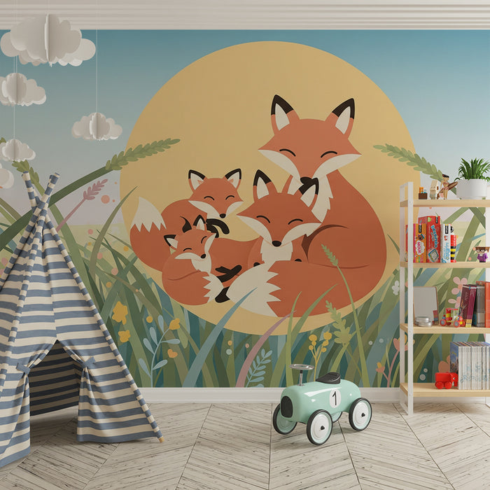Papel de parede quarto bebê | Družina lisic v cvetočem polju pod soncem
