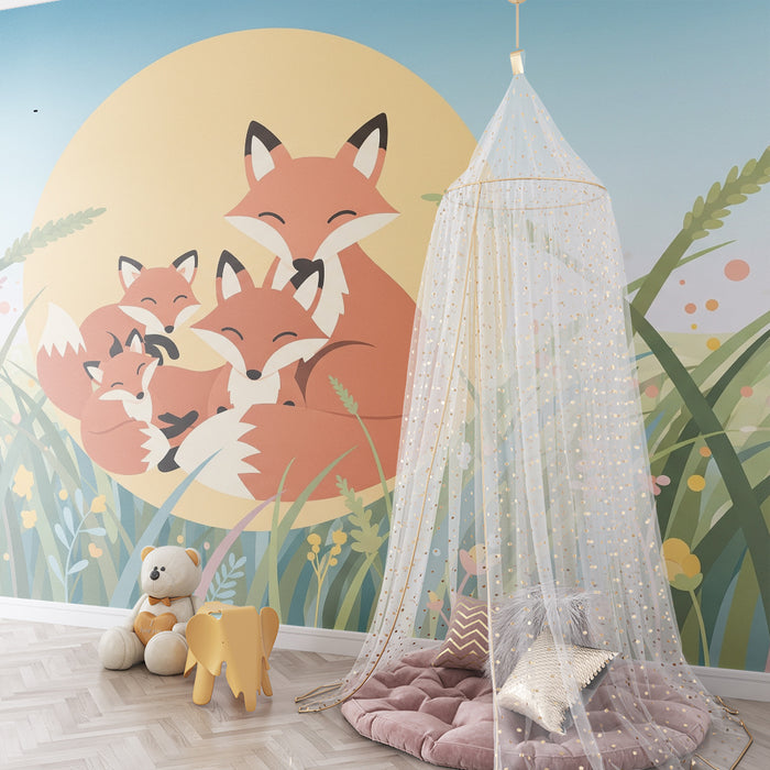 Papel de parede quarto bebê | Družina lisic v cvetočem polju pod soncem