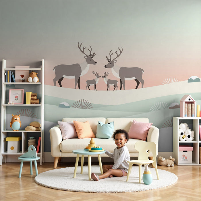 Nursery room wallpaper | Family of reindeer in a soothing winter landscape