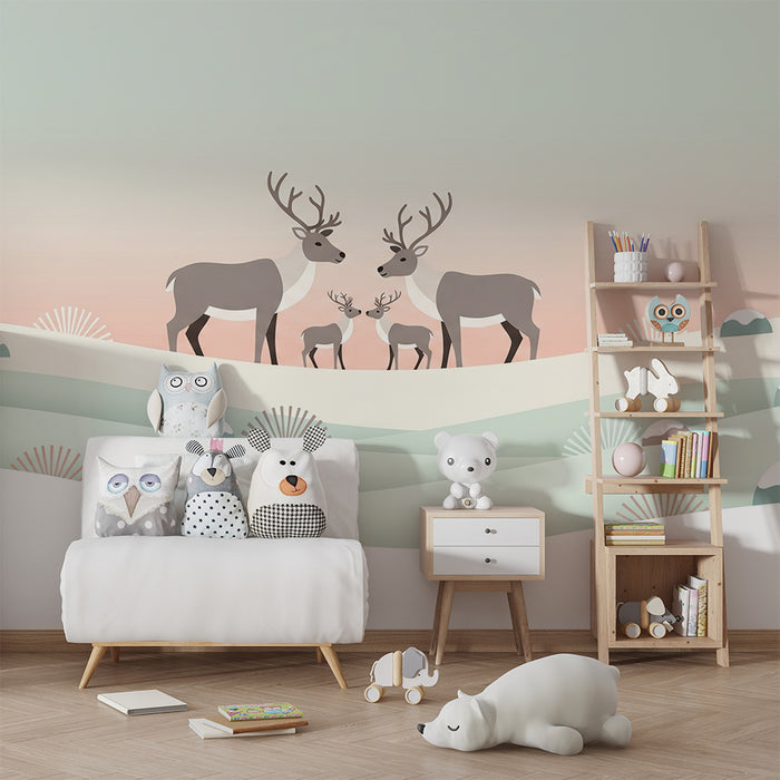 Nursery room wallpaper | Family of reindeer in a soothing winter landscape