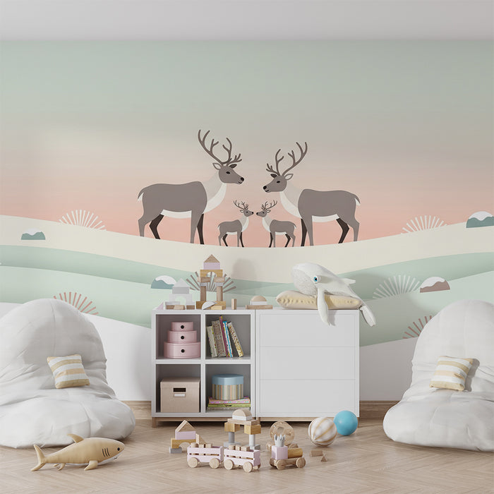Nursery room wallpaper | Family of reindeer in a soothing winter landscape