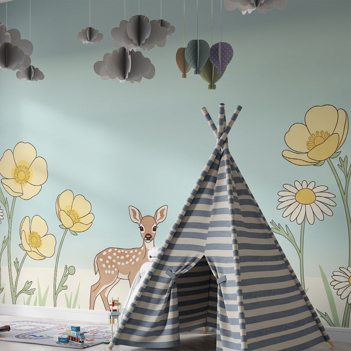 Nursery room wallpaper | Fawn in the middle of yellow and white flowers