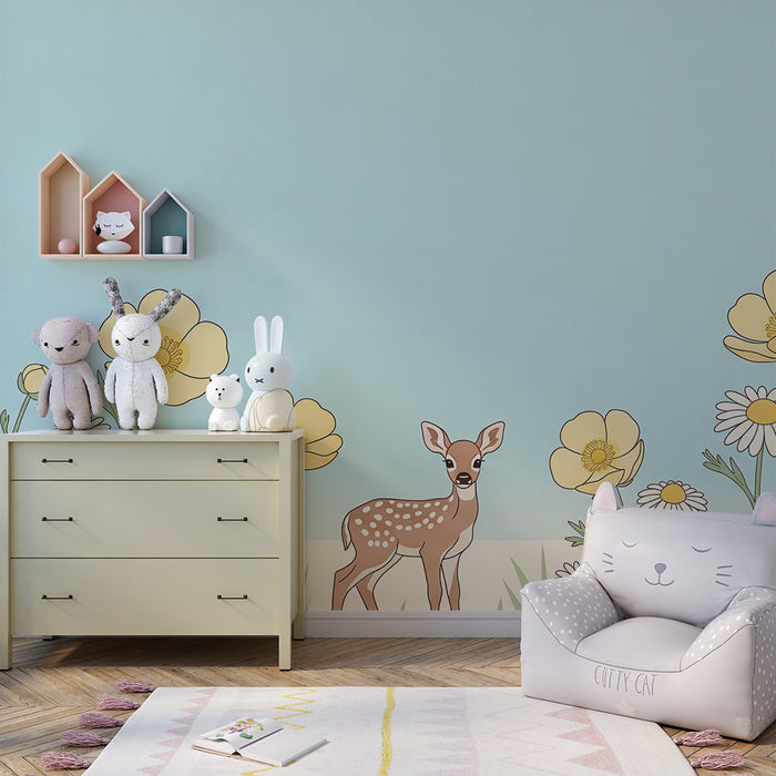 Nursery room wallpaper | Fawn in the middle of yellow and white flowers