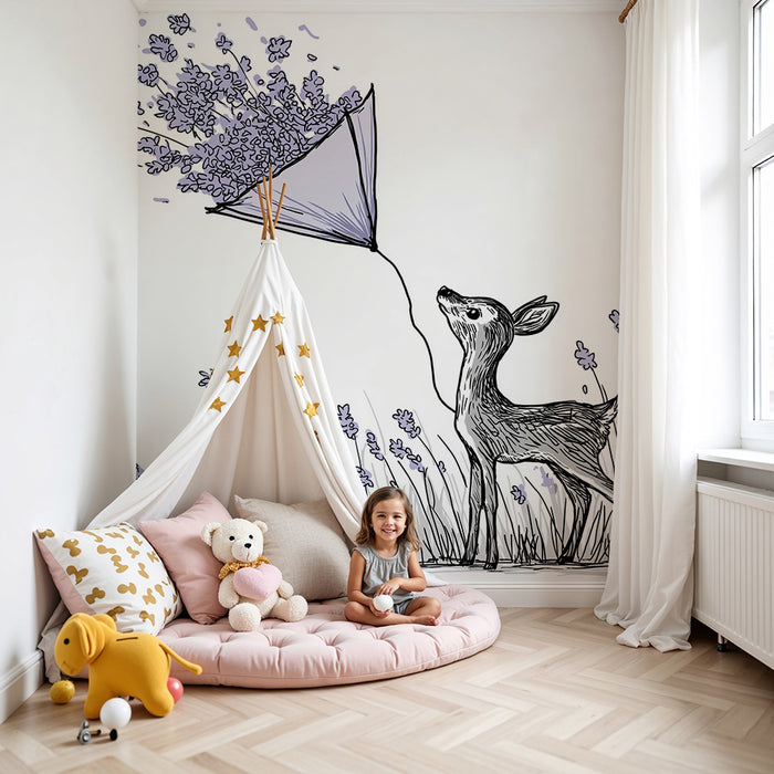 Lastenhuoneen tapetti | Peura kukilla ja keveydellä