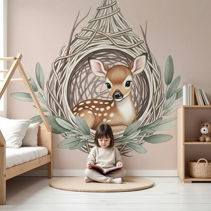 Papier peint chambre bébé | Faon dans un nid douillet