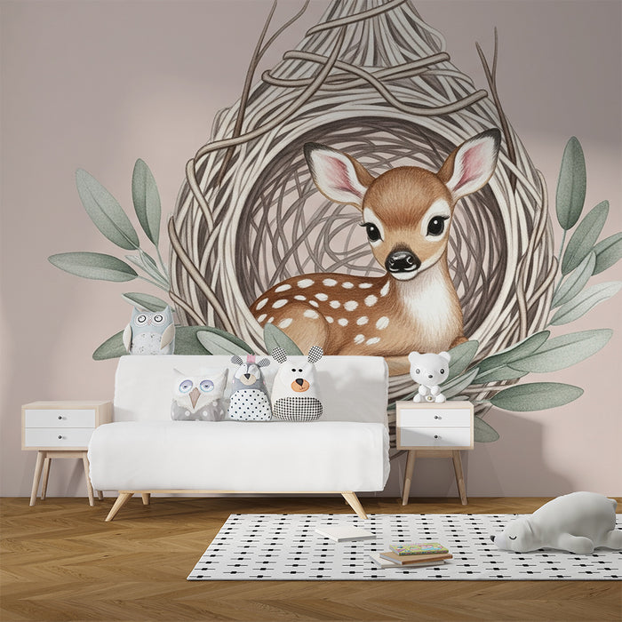 Papier peint chambre bébé | Faon dans un nid douillet