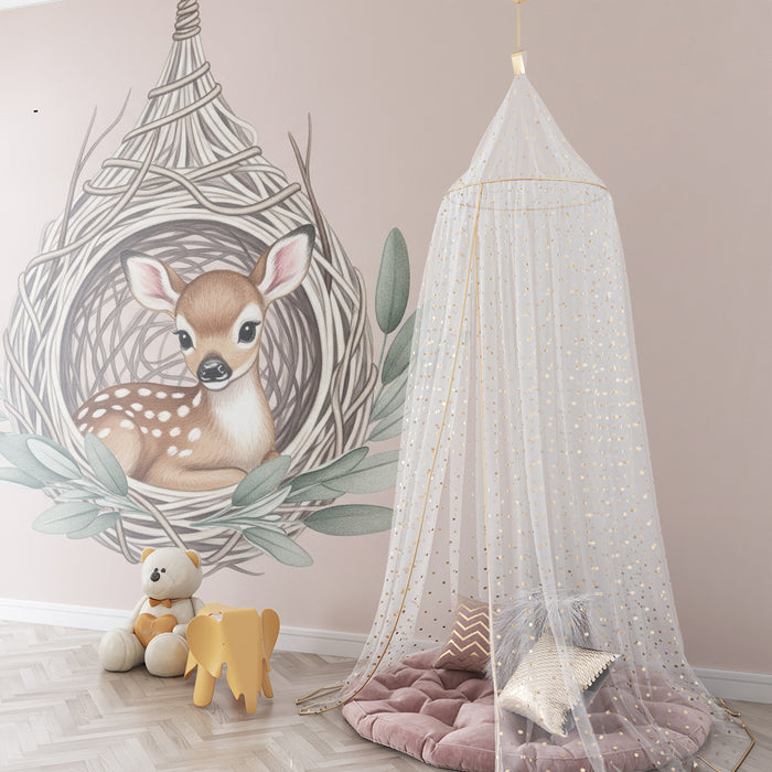 Papier peint chambre bébé | Faon dans un nid douillet