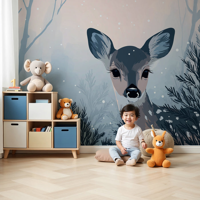Babykamer behang | Hertje in een betoverend winterlandschap