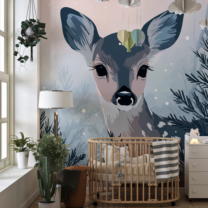 Babykamer behang | Hertje in een betoverend winterlandschap