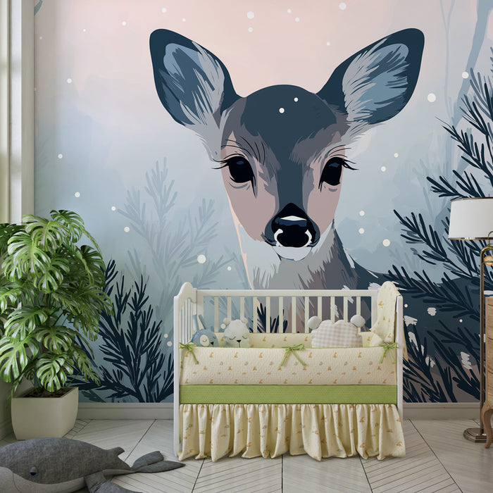 Babykamer behang | Hertje in een betoverend winterlandschap