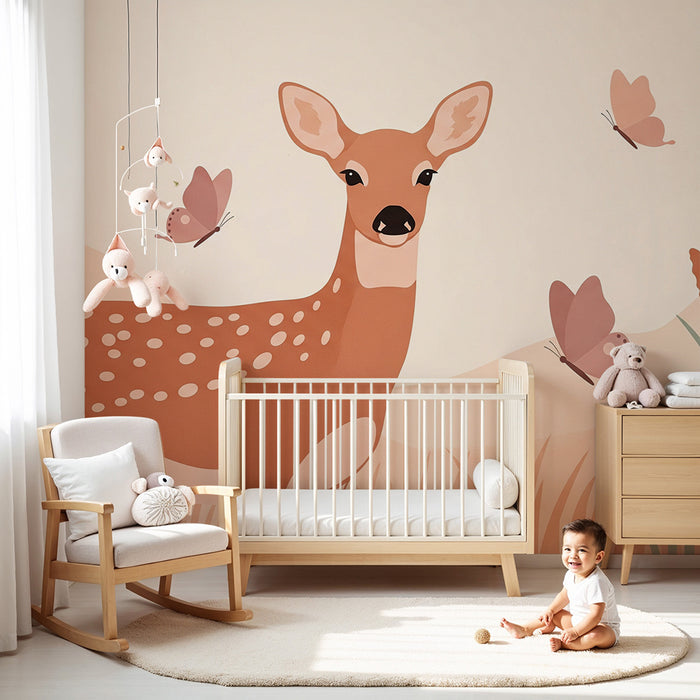 Tapet pentru cameră de bebeluși | Cerb delicat înconjurat de fluturi într-un peisaj blând
