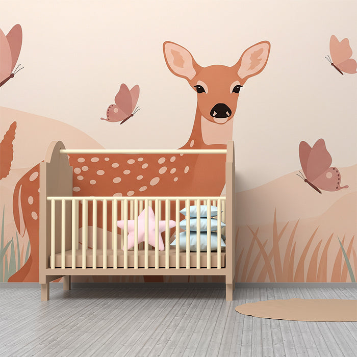 Tapet pentru cameră de bebeluși | Cerb delicat înconjurat de fluturi într-un peisaj blând